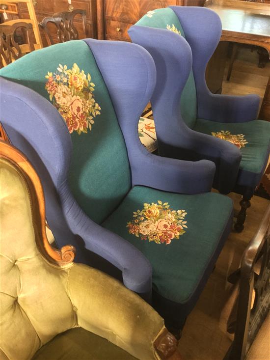 Pair wing back armchairs